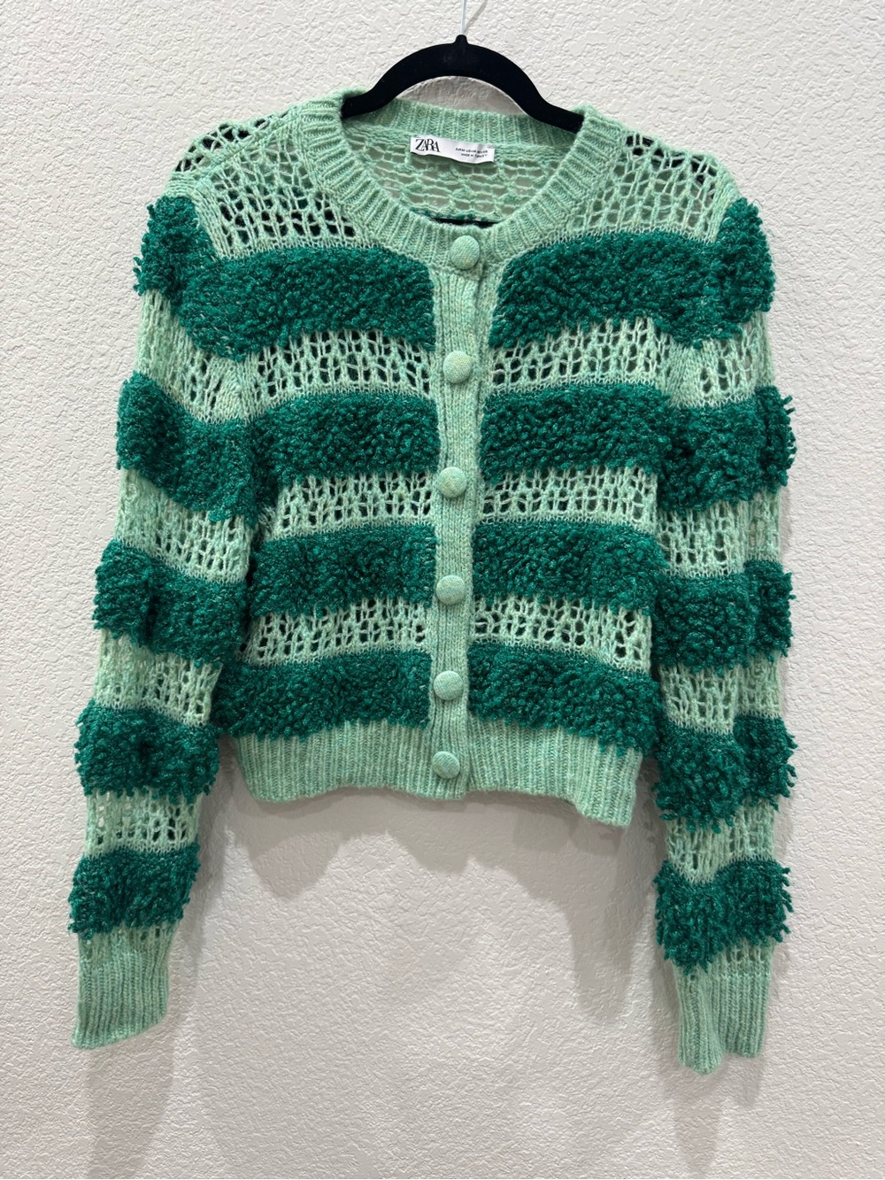 Zara Women M Green Textured Open Knit Boucle Stripe Cardigan Sweater Cropped